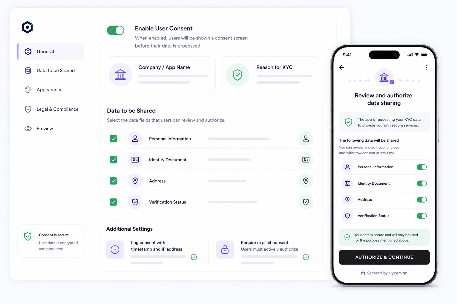Consent management dashboard showing user-controlled identity sharing