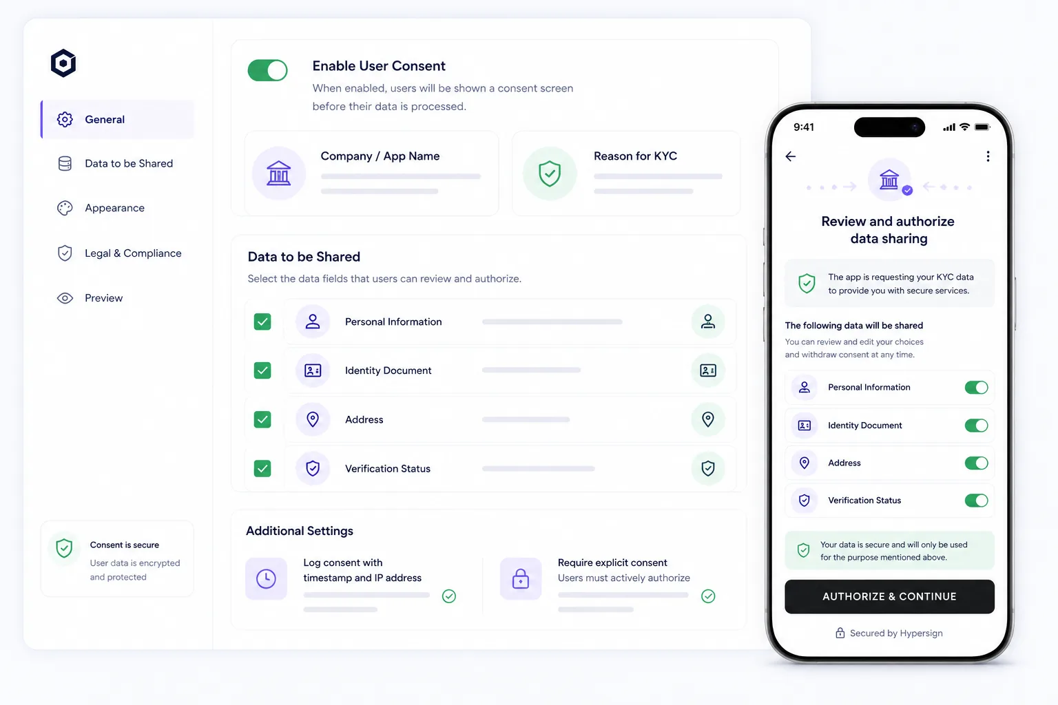 Consent management dashboard showing user-controlled identity sharing