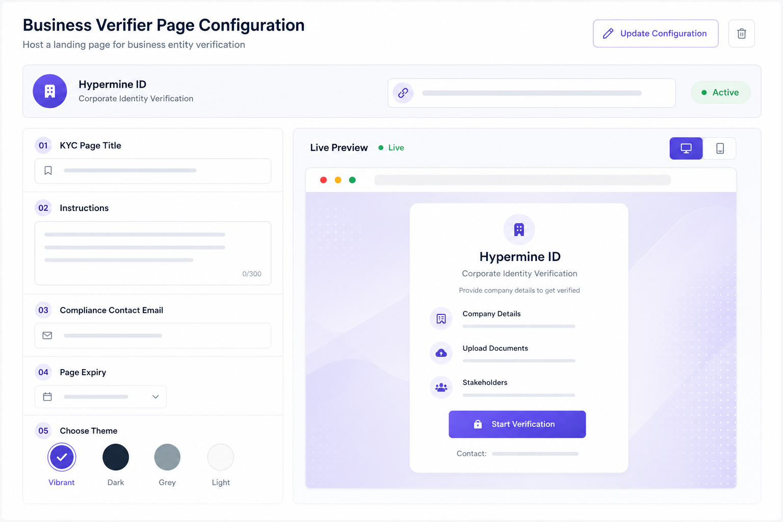 Business verifier page configuration for KYC and KYB magic links