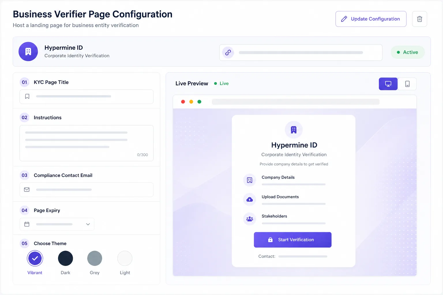 Business verifier page configuration for KYC and KYB magic links