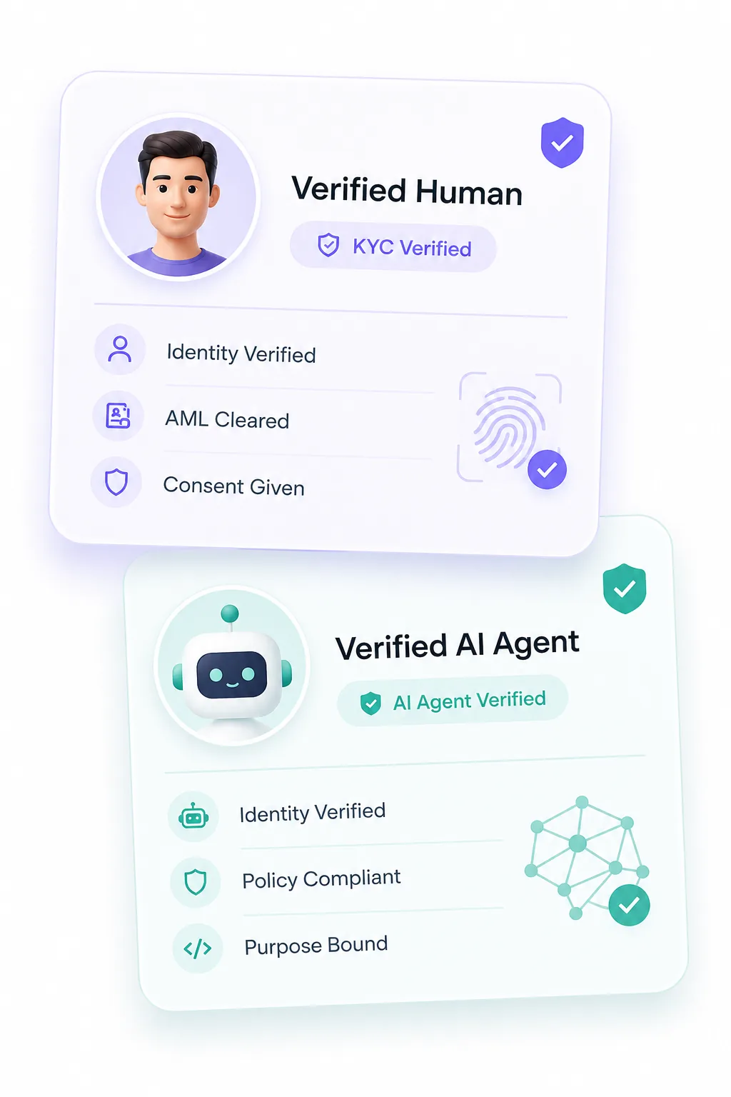 Verified human and verified AI agent credential badges